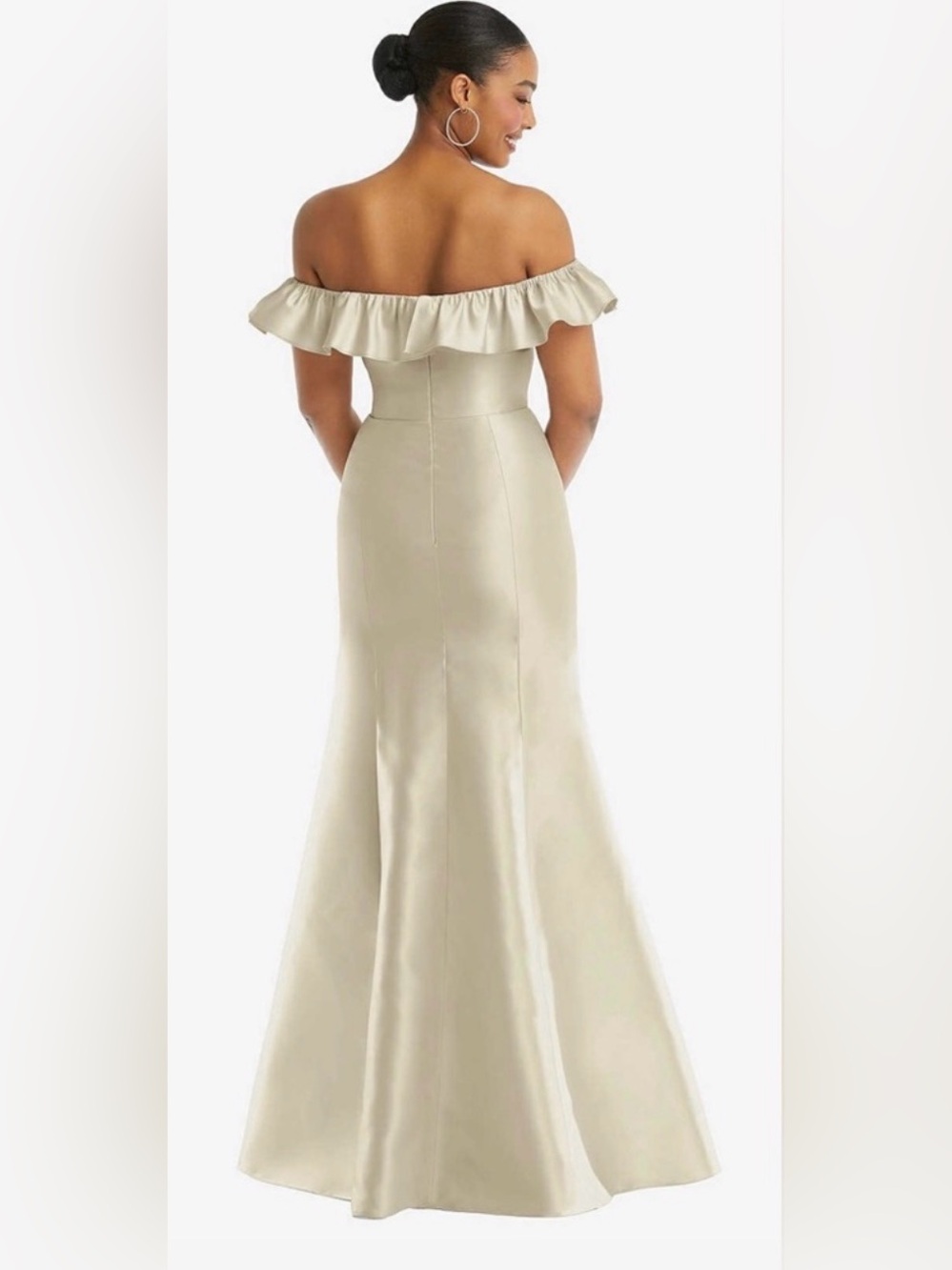 Alfred Sung Off the Shoulder Ruffle Neck Satin Trumpet Gown in Champagne - Picture 4 of 15